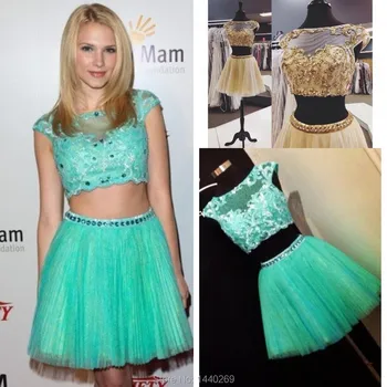 

Pretty Two Piece Set Short Prom Gown Lace Tulle Crystal Beading Party Dresses for Wedding Party Custom Made