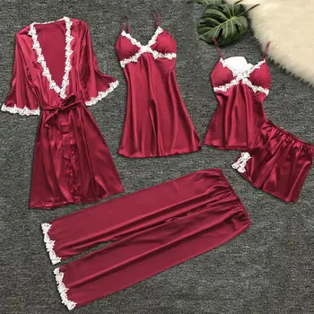 

5PC Pajamas Set Bathing Suit Sexy Lace Women Nightwear Underwear Babydoll Sleepwear Nightdress Gown Robe Femme Plus Size 3XL