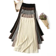 Женская трикотажная длинная юбка зимний теплый свитер в полоску А-силуэт Макси Юбки миди Вязанная женская нижняя Повседневная Пышная юбка Осенняя черная