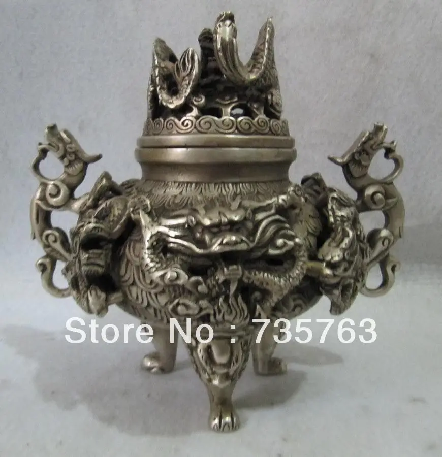 

00438 bronze silver plating tibet buddhism nine dragon censer statue