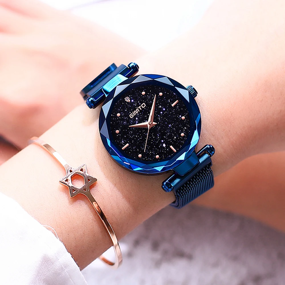 Koop GIMTO Fashion Star Sky Vrouwen Horloges Quartz Rvs Klok Armband Rose Goud Dame Horloge Kristal Vrouwelijke Luxe Horloge