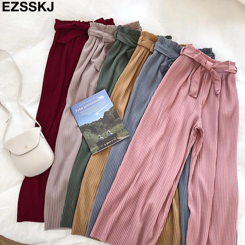 

hot ins wide leg pants women's straight pants with belt female summer elegant pants high waist loose casual pants