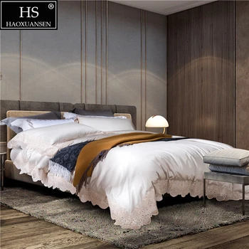 

Fashion 4Pcs Bedding Sets Egyptian Cotton Queen King Size Bed Sheet Duvet Cover Pillowcase Lace Design Princess Style Champagne