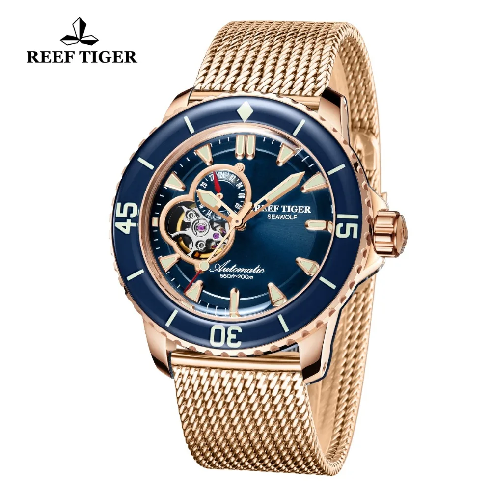 Мужские автоматические спортивные часы Reef Tiger/RT цвета розового золота с
