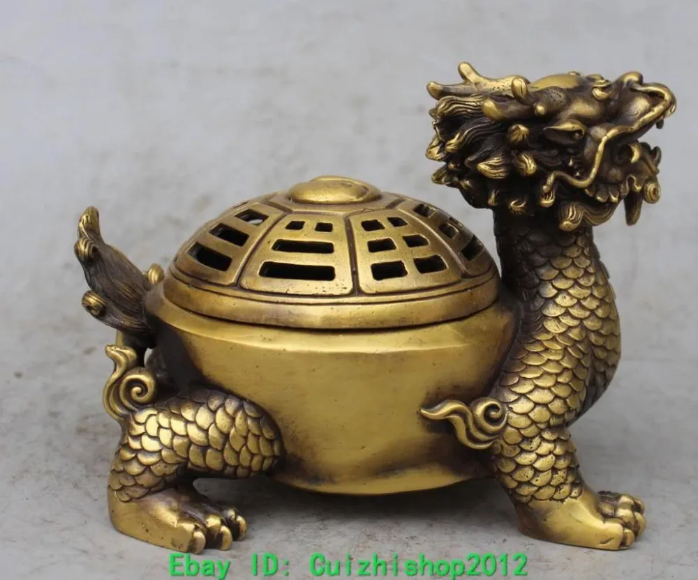 

8" Chinese Bronze Dragon Turtle Tortoise Animal Incense Burner Censer Statue Medicine copper Decoration real Brass