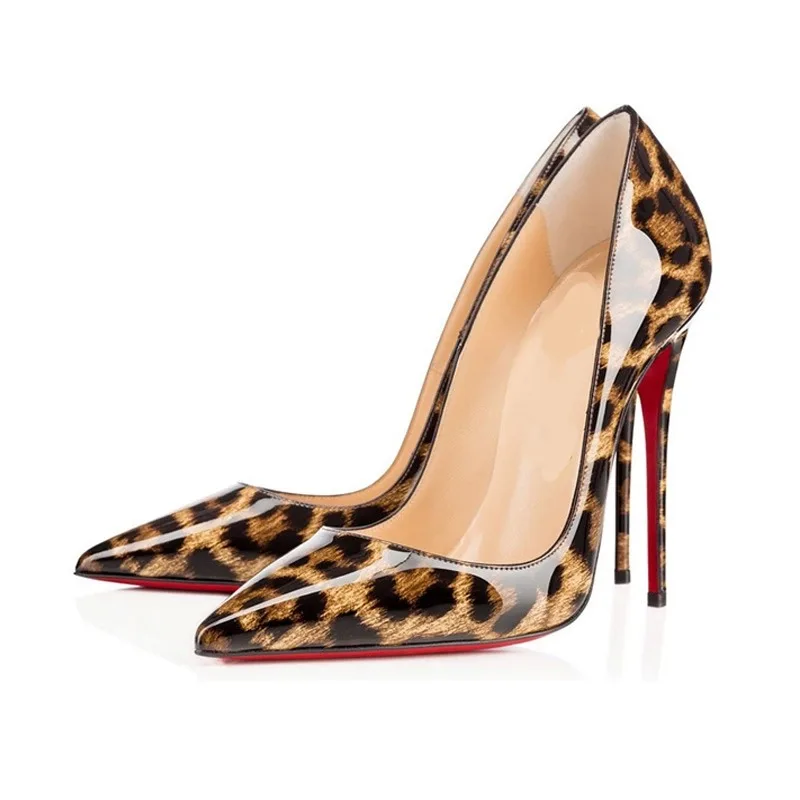 

2016 Spring New Sexy Shallow Mouth Open Side Super High Thin Heel Leopard Print  Patent Leather Pointed Toe Single Shoes/1057