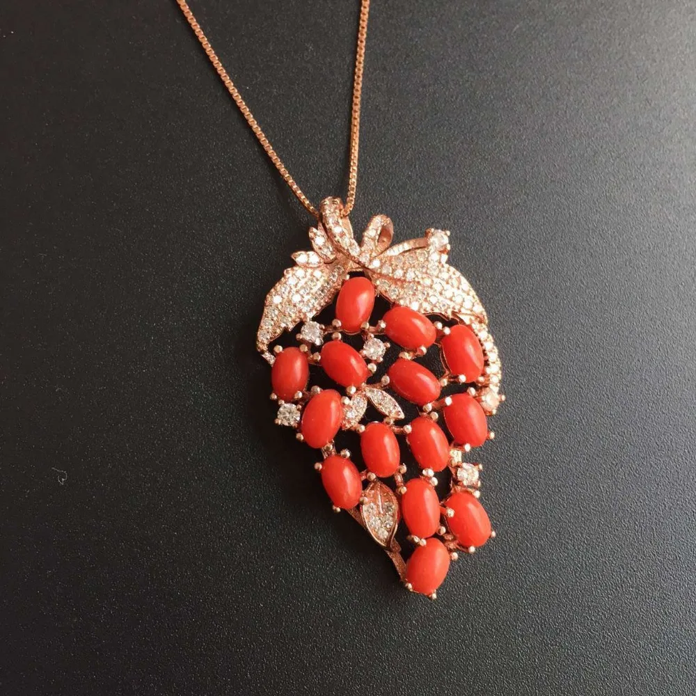 Floral Vine Ornate Teardrop Reconstructed Red Coral .925 Silver Pendant Necklace 