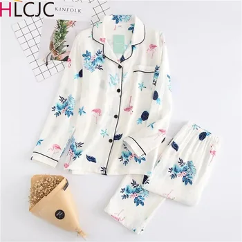 

Blue Flamingo Printed 2019 100% Cotton Gauze Pajamas Women Long Sleeves Thin Pajama Set Japanese Pijamas Loose Pyjamas Home Sets