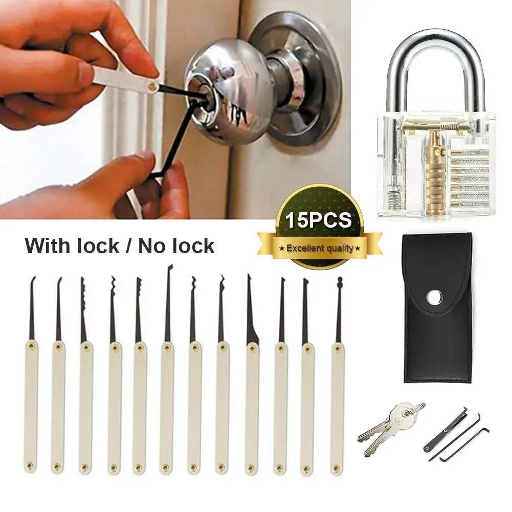 

16 in 1 Transparent Visible Cutaway Practice Transparent Lock Padlock Kit Locksmith Tool Lock Pins Keys Removing Hooks Accessary