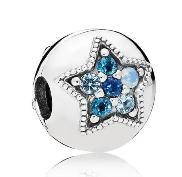 

925 Sterling Silver Bead Charm Bright Star With Blue Mix Crystal Clip Lock Stopper Beads Fit Pandora Bracelet Diy Jewelry