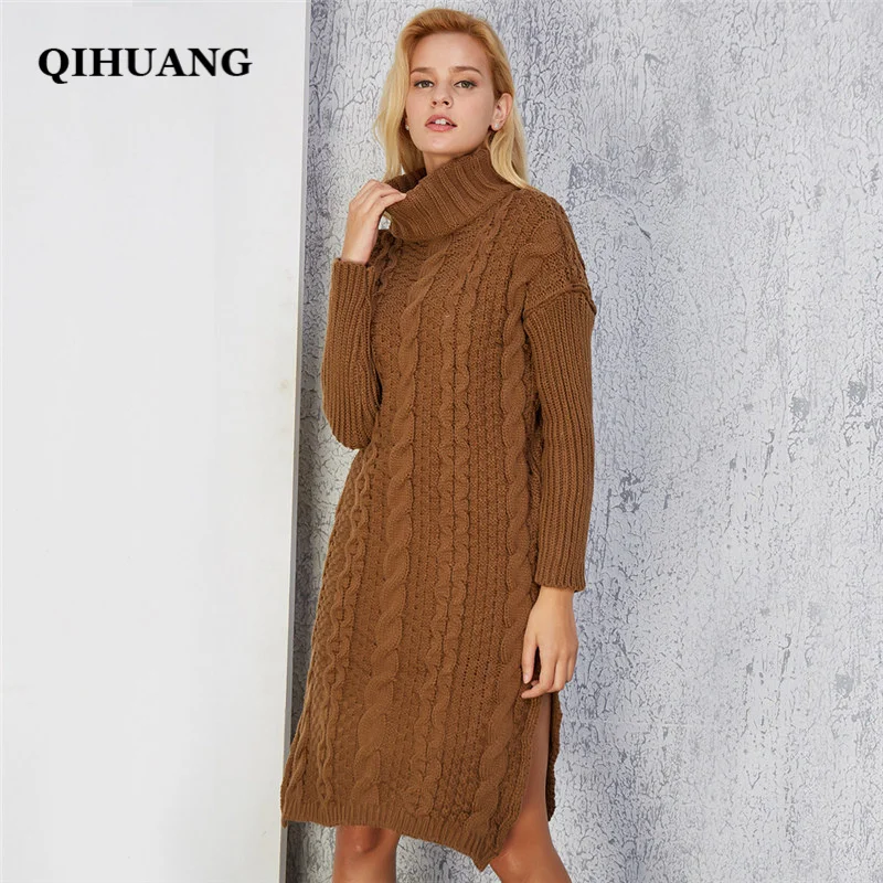 QIHUANG Thicken Knitted Pullovers Turtleneck Long Sweater For Women Autumn Winter Twist Knit Lady's 2018 Warm Pull Femme | Женская