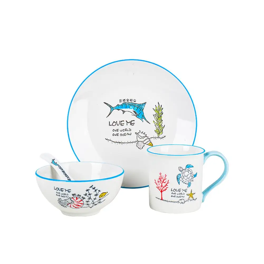 

Adeeing 4pcs Cute Kids Ceramic Tableware Bowl Cup Dish Spoon for Children Use