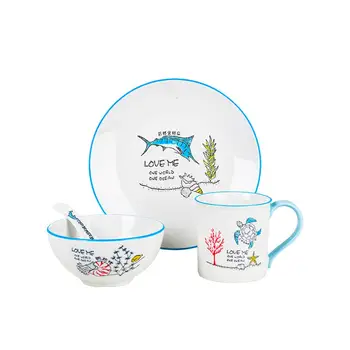 

Adeeing 4pcs Cute Kids Ceramic Tableware Bowl Cup Dish Spoon for Children Use