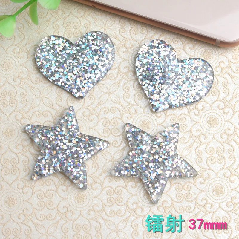 

10pcs 37MM DIY silver powder sequin resin glitter heart star charms flashing flatback cabochon sticker jewelry making findings