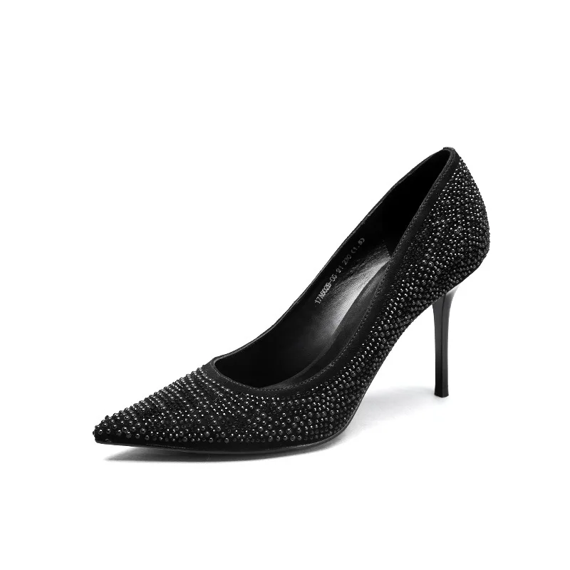 

Women's shoes suede pearl face pointed high heels women's fine with shallow mouth super high heel women's shoes.