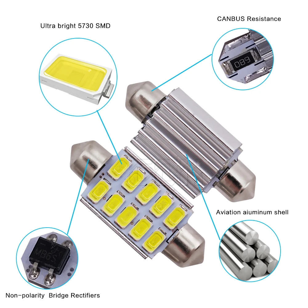 50 шт./лот гирлянда 10smd LED 5730 5630 Canbus Ошибка лампочки C5W супер яркий 5730 10LED гирлянда 39 мм автомобиль купол света