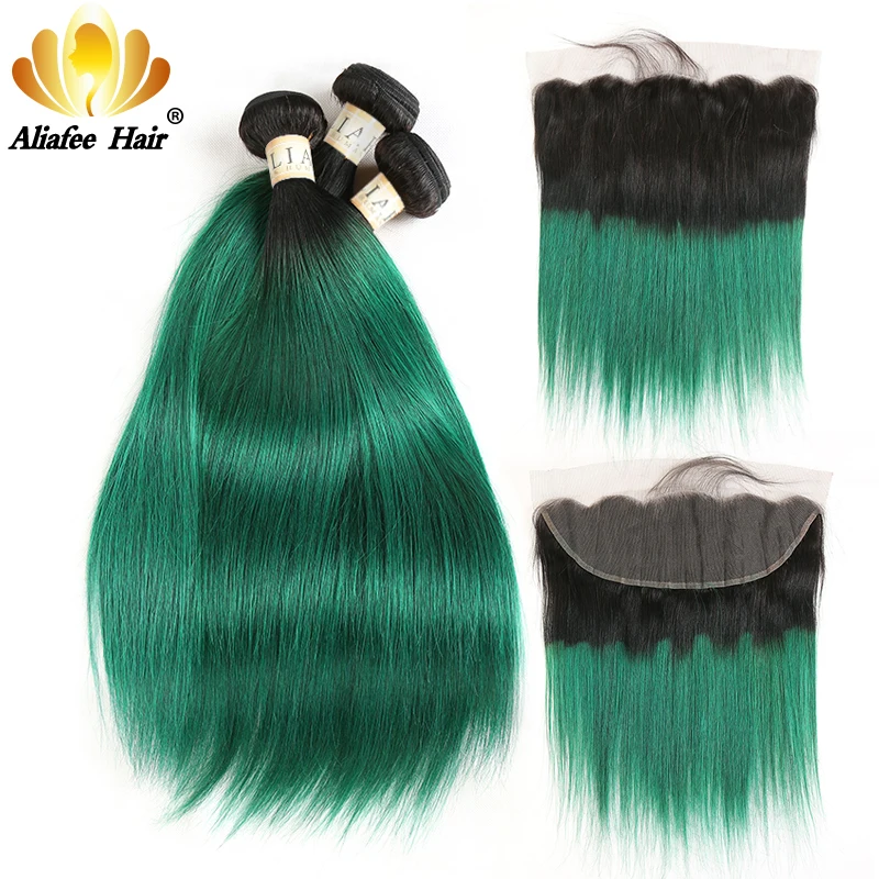 

AliAfee Ombre #1B/Green Straight Brazilian Hair Bundles with 13*4 Frontal 100% Human Hair 8"-28" Non Remy 2/3+1 Bundles Deals