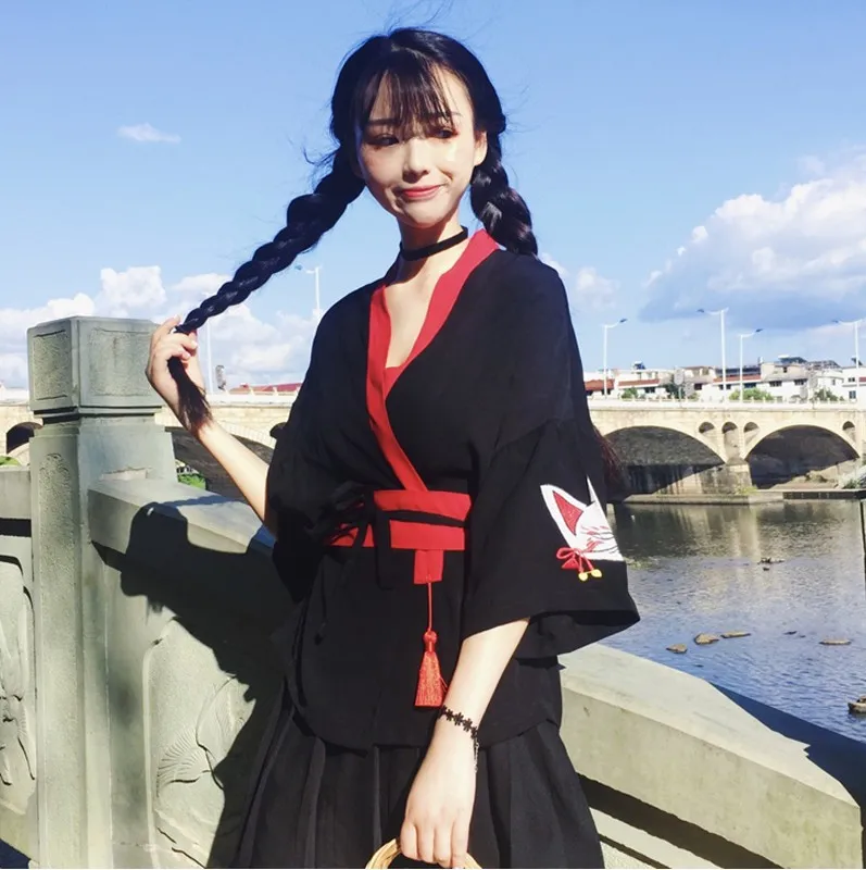 Женское японское кимоно Harajuku летний топ блузка черного цвета|Одежда Азии и