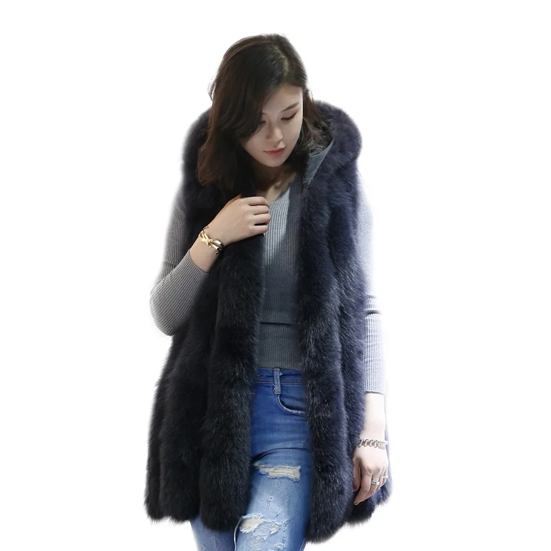 

New Winter Genuine Fox Fur Vest Women's Full Pelt Gilet Warm Luxury Natural long with hood Fox Fur Waistcoat