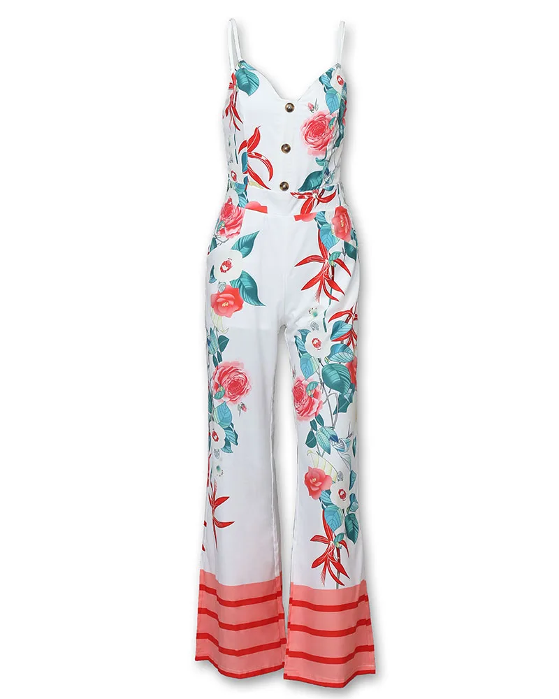 Floral Print Summer Office Jumpsuits Women Buttons Design Sexy Long Jumpsuit Rompers Wide Leg Long Pants Overalls