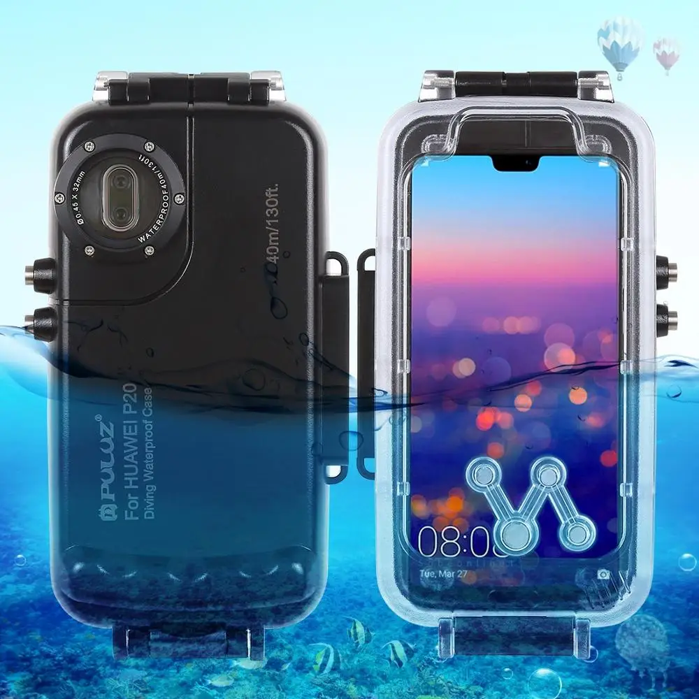 

PULUZ 40m/130ft Underwater Diving Phone Protective Case for Huawei P20 / P20 Pro Surfing Swimming Snorkeling Photo Video&Lanyard