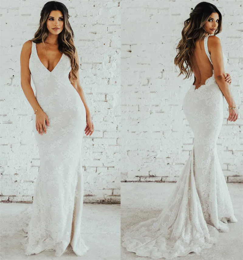 LORIE Kant Mermaid Wedding Dress Sexy V-hals Bruid Jurk Open Back Robe de soiree Elegante Boho Bruidsjurken 2019 LORIE Kant Mermaid Wedding Dress Sexy V-hals Bruid Jurk Open Back Robe de soiree Elegante Boho Bruidsjurken 2019