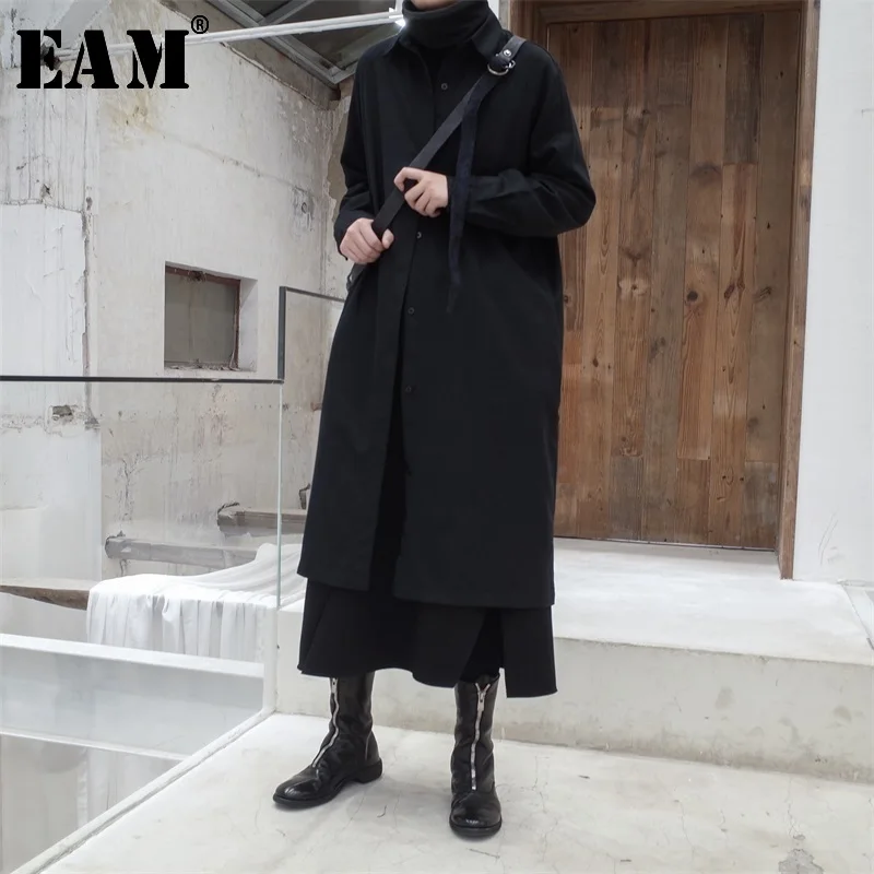 [Eam] 2020 Nieuwe Herfst Zomer Turn-Down Kraag Lange Mouw Zwart Korte Losse Lange Big Size Shirt vrouwen Blouse Mode Tij JL723