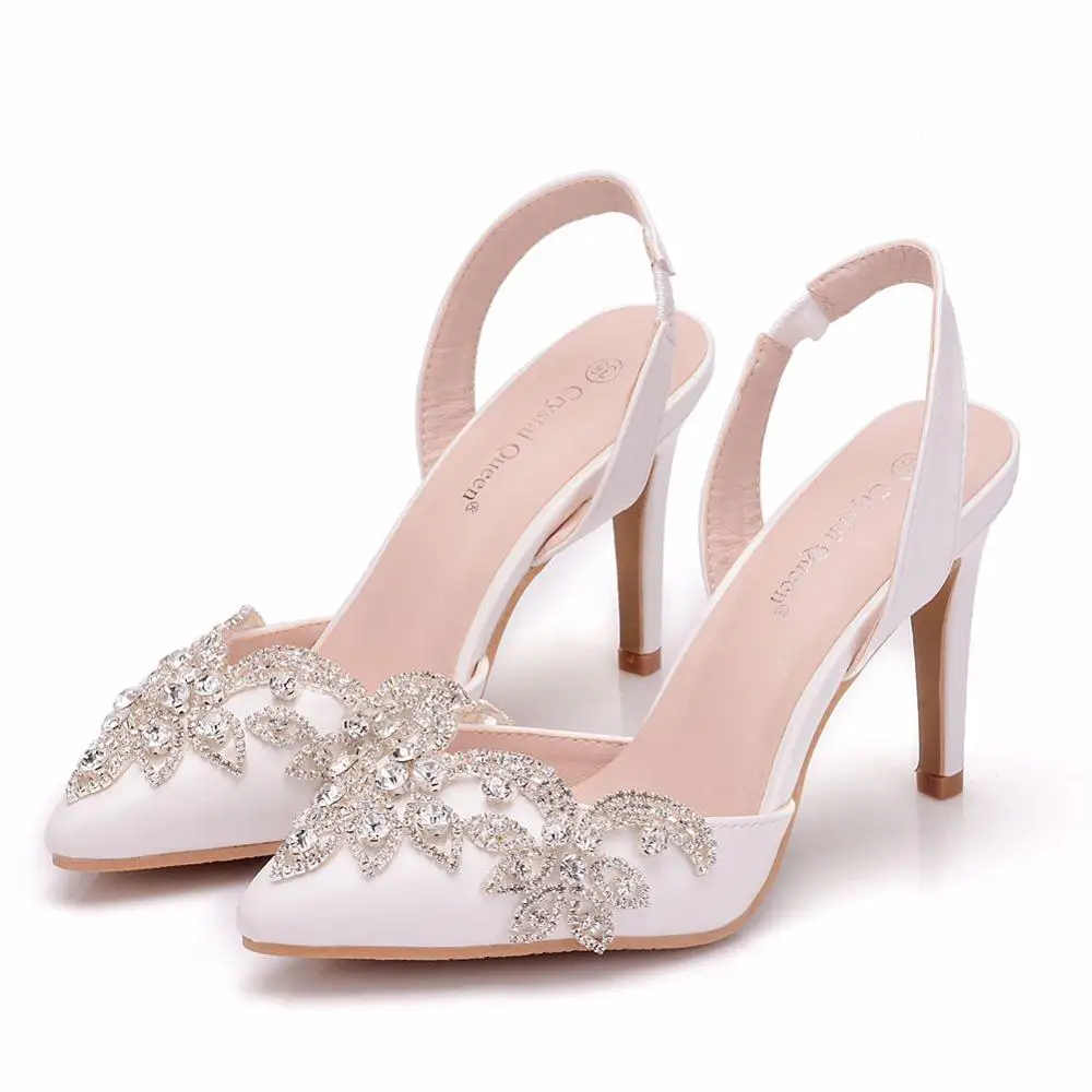С украшением в виде кристаллов queen стразы свадебные туфли Свадебная обувь Острый носок высокий каблук великолепный Туфли для выпускного вечера модельная обувь для подружки невесты Высота каблука 10 см - Цвет: white