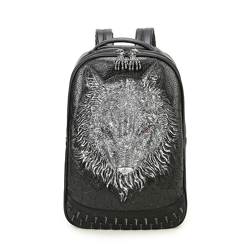 2018 3D Wolves Embossing Rivet Black Satchel Man Women School Backpack Halloween Cool Leather laptop Travel Soft Bags 1.38KG