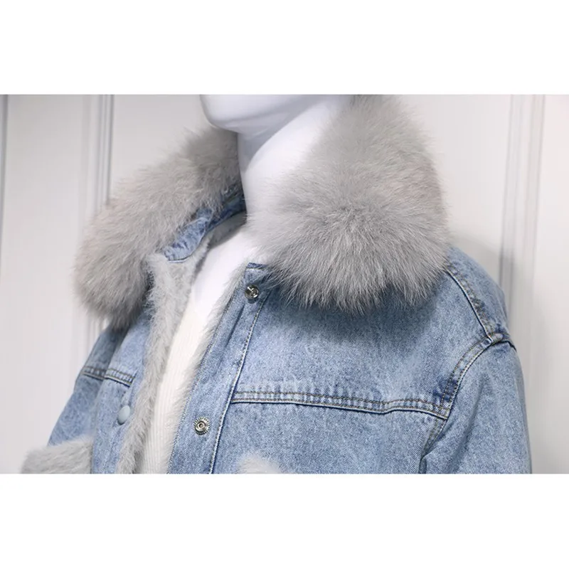 discount 2019 New Winter Fur Pockets natural Real Fox Fur Thick warm short Denim Jacket Women short Coat cha