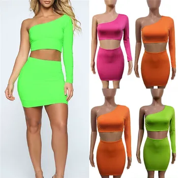 

blusas mujer de moda 2019 2 piece Set Summer Women One shoulder Chest Wrap Solid Skirt Set Bodycon Club Set