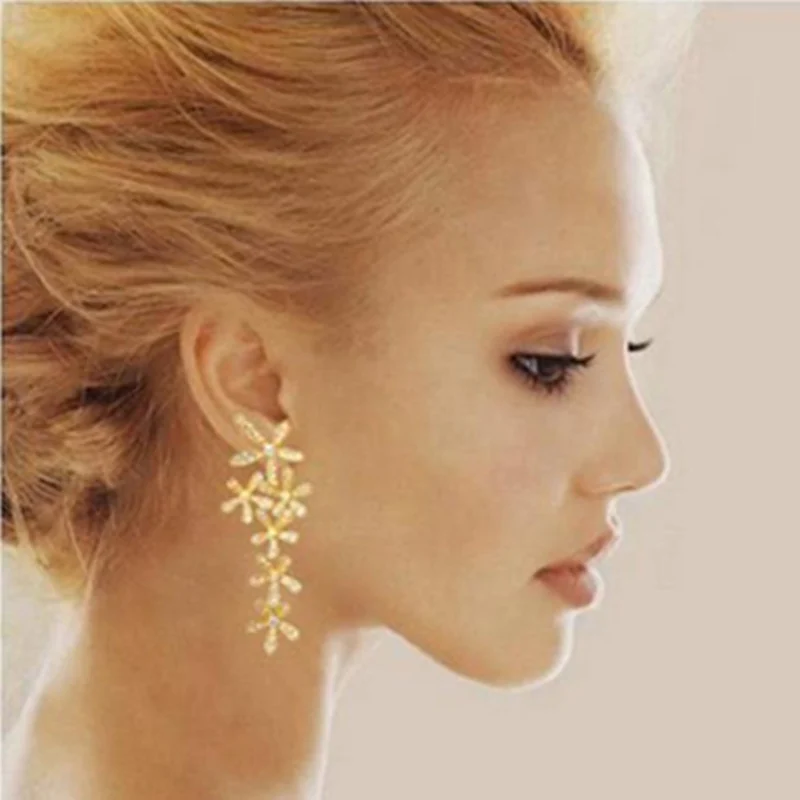 

KISS WIFE Women 2018 New Fashion Full Rhinestone Crystal Long Snowflake Flower Dangle Drop Tassel Gold Silver& plated& Earrings