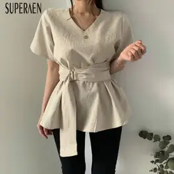 SuperAen корейский стиль Женские рубашки темперамент v-образным вырезом хлопок с коротким рукавом Блузки и топы женские летние новые 2019