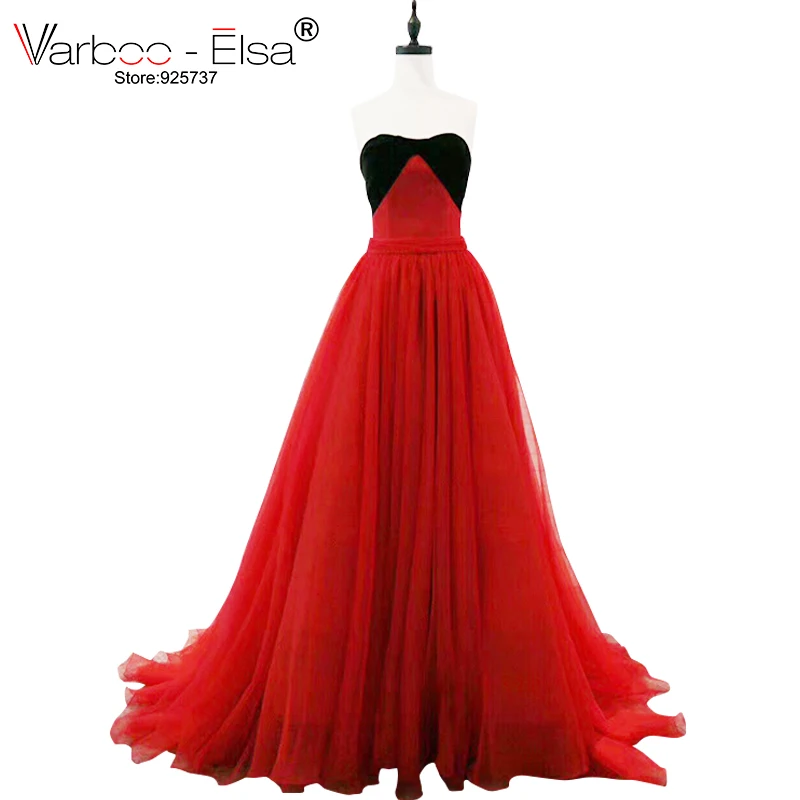 

VARBOO_ELSA Red Tulle Strapless Long Evening Dresses 2018 New Sexy Backless Formal Party Gown Custom vestido de festa Sleeveless