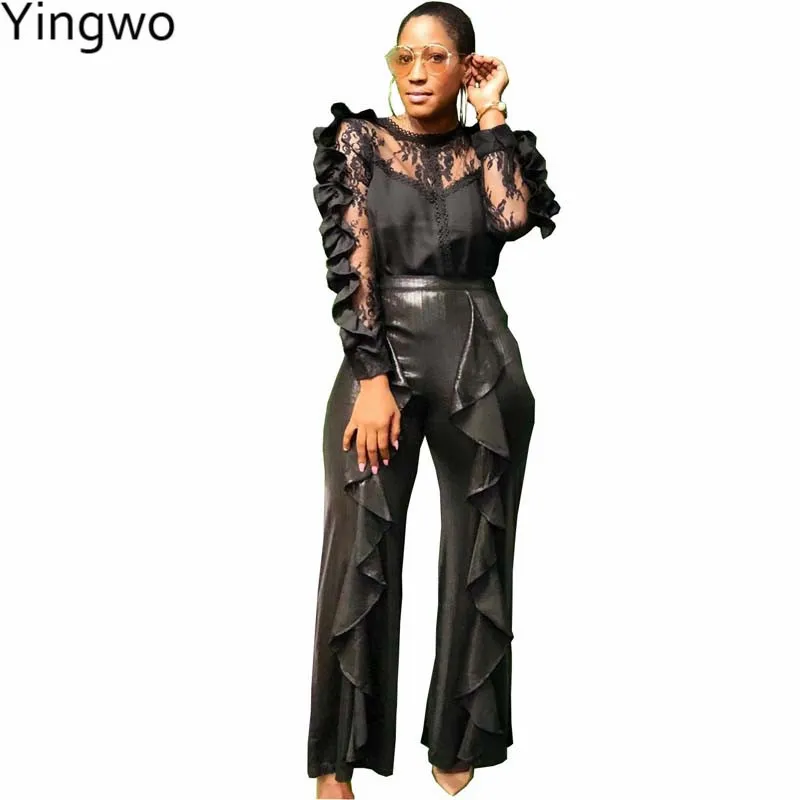 Black Sheer Lace Tops Ruffles Details High Waist Pu Leather Pants Suit Hot Sexy Woman Night Out Club Wear Two Pieces Set Online