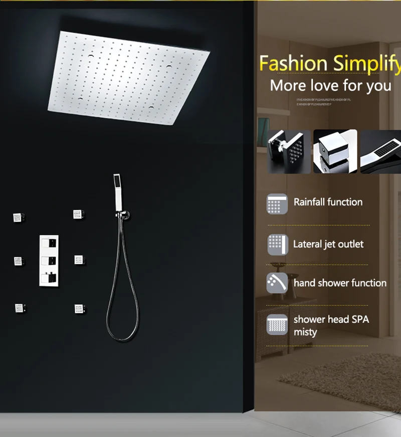 Современные 20 дюймов многофункциональные смесители для душа, набор потолочных квадратных дождевых тумана для душа, массажный термостатический набор для ванны, струи для тела, 2 дюйма