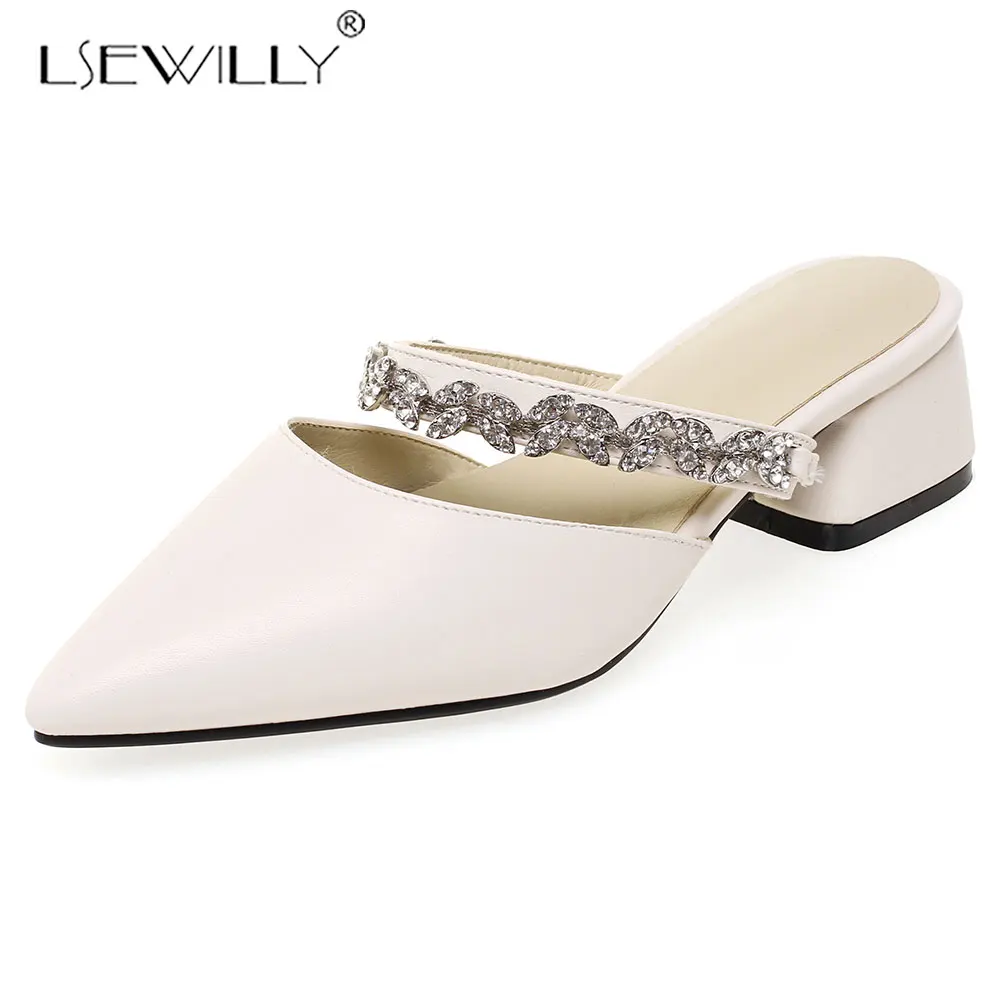 

Lsewilly 2019 summer square med heels pointed toe beige rhinestone woman outdoor sandals ladies shoes women mules size 47 E985