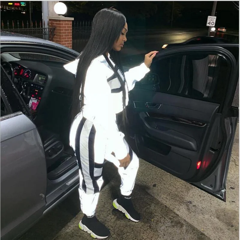 

Casual Reflective Two Piece Set Women Drawstring Crop Top And Pants Hip Hop Club Festival Outfit Tracksuit Joggers Suit