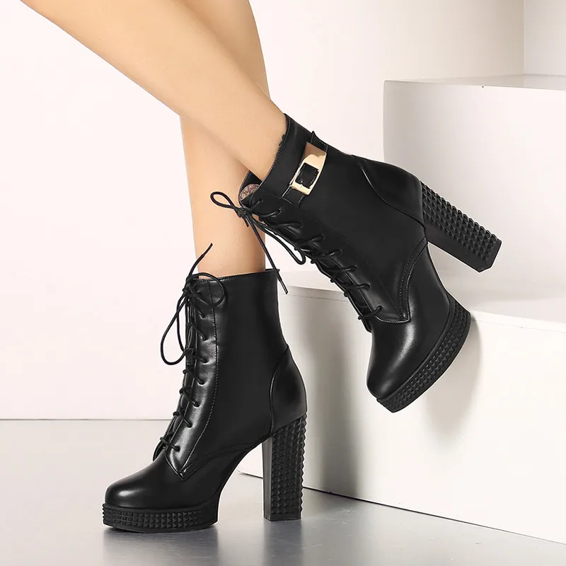 Rock Chaussures Moto Rue Punk Hauts Talons Croix Bloc Boucle Gothique Liée Plate Femmes Bottes Ymechic Femme Automne Dames forme De Noir BPUqUH