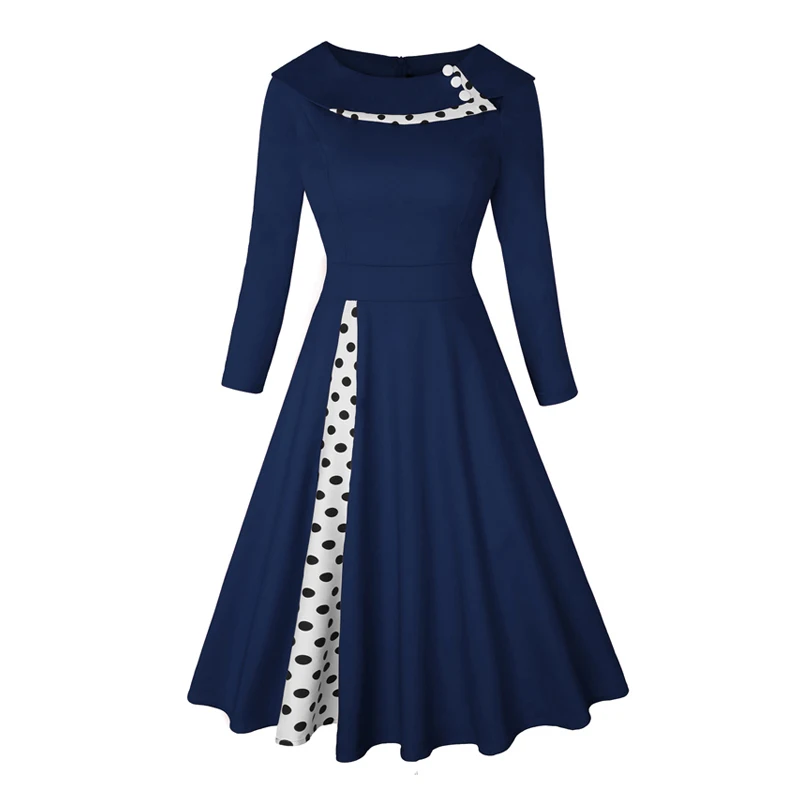 OTEN женские винтажные Ретро 50s 60s с длинным рукавом рокабилли pin up двухслойные в горошек с принтом Одри Хепберн vestido миди платья