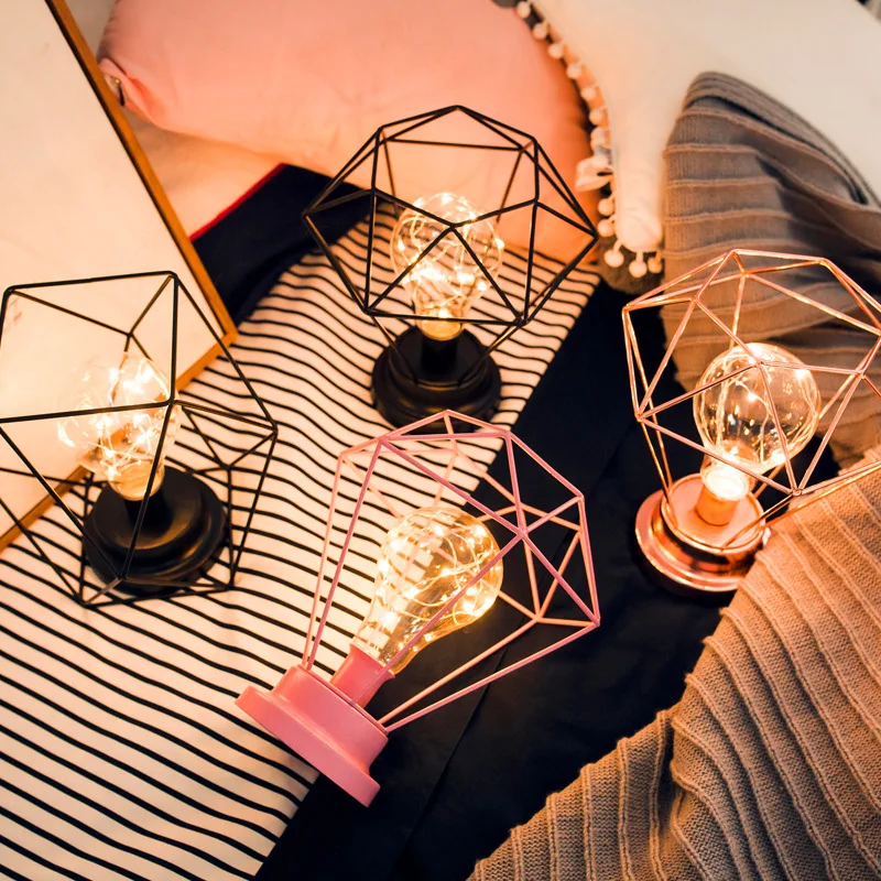 LED Iron Diamond Night Lights Candle Lamp Bar Store Table Desk Bedside Decor Bulb Pink Black Wedding Holiday Fairy Romantic Gift (3)