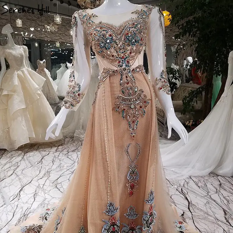 Высококачественные роскошные цветные алмазные Сексуальные вечерние платья с длинным рукавом модное пляжное вечернее платье Gwons Robe De Soiree платье в турецком стиле - Цвет: Шампанское