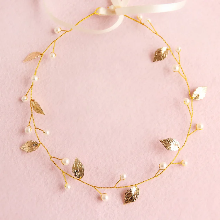

Dower me Gold Leaf Wedding Headband Bridal Pearl Headpiece Handmade Hair Jewelry Accessories Women Headbands