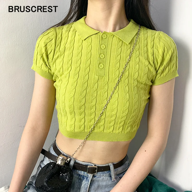 

Vintage Textured Knitted Cropped Top Short Sleeve Ladies Polo Shirts Women Korean Streetwear