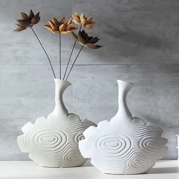 

Modern Nordic abstract small mouth ceramic vase Slim neck design flower embossed pattern white flower insert desktop decorations