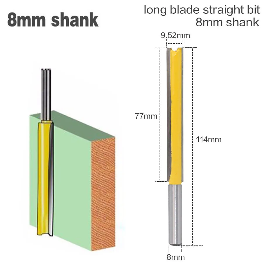 

1pc 8mm Shank Long Blade 114mm Straight Wood Router Bit Carbide Power Tool Woodworking Cutters