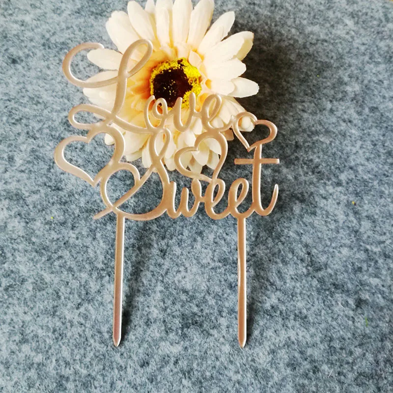 

New Rose Gold Acrylic Cake Topper Sweet Love Heart Cake Flags For Wedding Valentine's Day Anniversary Party Cake Decorations