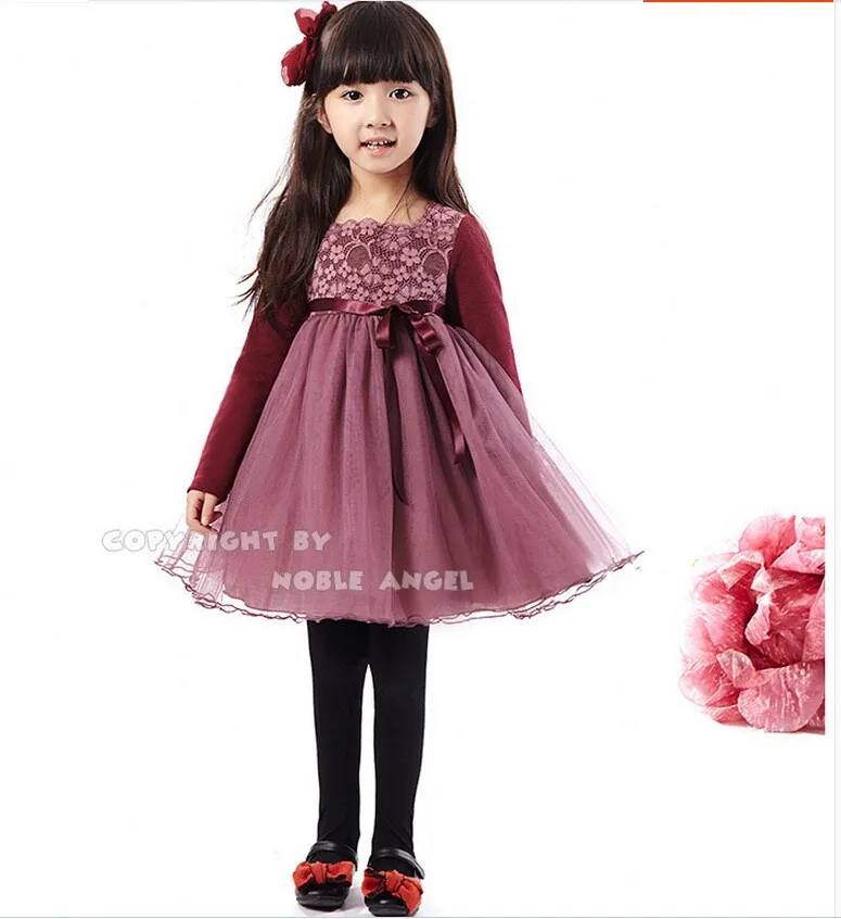 Girls Pattern Lace Dress With Sash Autumn Baby Burgundy ...