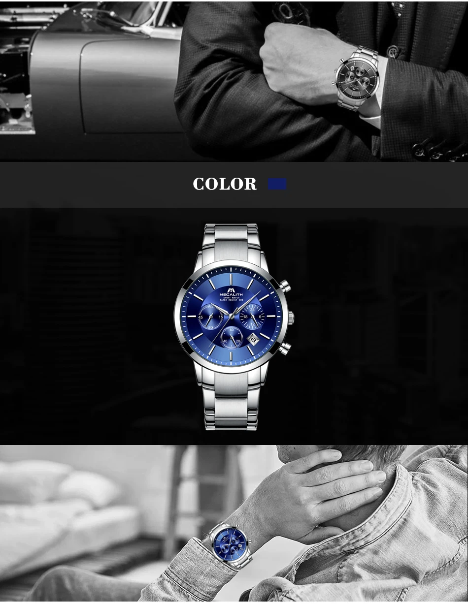 MEGALITH спортивные часы с хронографом для мужчин модные водонепроницаемые аналоговые часы лучший бренд класса люкс кварцевые часы Relogio Masculino