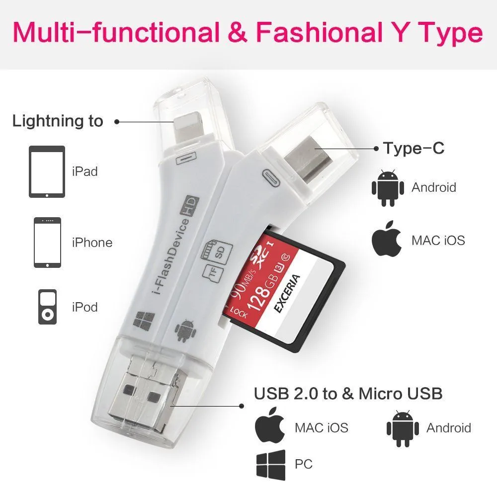 4 в 1 SD Card Reader USB Micro SD и TF Card Reader адаптер для iPhone iPad MAC Android Камера освещения и Тип-C удлинители